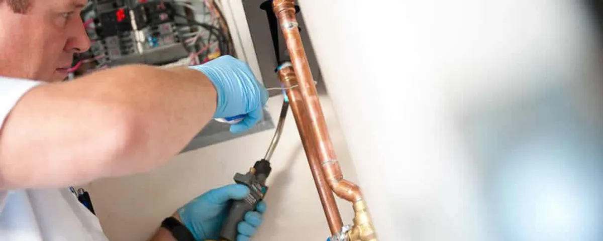 Water heater repair technician testing copper pipe connections and controls in Anaheim, CA